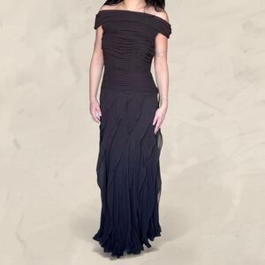 Tadashi Shoji Off Shoulder Tiered Chiffon Silk Gown Sz 8 Chocolate